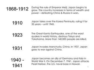 1868-1912 During the rule of Emperor Meiji, Japan begins to
grow. The country increases in terms of wealth and
power – defeating China & Russia in wars.
1910 Japan takes over the Korea Peninsula, ruling it for
35 years – until 1945.
1923 The Great Kanto Earthquake, one of the worst
quakes in world history, destroys Tokyo and
Yokohama. More than 140,000 people are killed.
1931 Japan invades Manchuria, China. In 1937, Japan
goes to war against China.
1940 -
1941
Japan becomes an ally of Germany and Italy in
World War II. On December 7, 1941, Japan attacks
Pearl Harbor, the U.S. naval base in Hawaii.
5
 