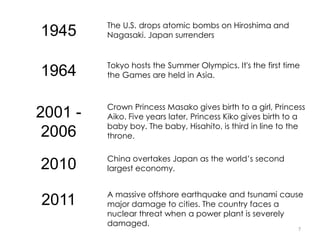 1945 The U.S. drops atomic bombs on Hiroshima and
Nagasaki. Japan surrenders
1964 Tokyo hosts the Summer Olympics. It's the first time
the Games are held in Asia.
2001 -
2006
Crown Princess Masako gives birth to a girl, Princess
Aiko. Five years later, Princess Kiko gives birth to a
baby boy. The baby, Hisahito, is third in line to the
throne.
2010 China overtakes Japan as the world’s second
largest economy.
2011 A massive offshore earthquake and tsunami cause
major damage to cities. The country faces a
nuclear threat when a power plant is severely
damaged.
7
 