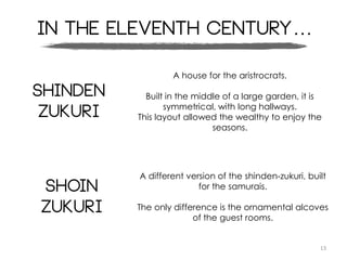 13
In the eleventh century…
Shinden
Zukuri
A house for the aristrocrats.
Built in the middle of a large garden, it is
symmetrical, with long hallways.
This layout allowed the wealthy to enjoy the
seasons.
Shoin
zukuri
A different version of the shinden-zukuri, built
for the samurais.
The only difference is the ornamental alcoves
of the guest rooms.
 