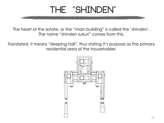 23
The “SHINDEN”
The heart of the estate, or the “main building” is called the ‘shinden’.
The name “shinden zukuri” comes from this.
Translated, it means “sleeping hall”, thus stating it’s purpose as the primary
residential area of the householder.
 