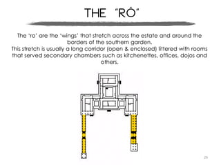 29
The “Rô”
”The ‘ro’ are the ‘wings’ that stretch across the estate and around the
borders of the southern garden.
This stretch is usually a long corridor (open & enclosed) littered with rooms
that served secondary chambers such as kitchenettes, offices, dojos and
others.
 