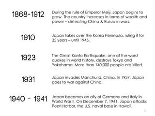 1868-1912 During the rule of Emperor Meiji, Japan begins to
grow. The country increases in terms of wealth and
power – defeating China & Russia in wars.
1910 Japan takes over the Korea Peninsula, ruling it for
35 years – until 1945.
1923 The Great Kanto Earthquake, one of the worst
quakes in world history, destroys Tokyo and
Yokohama. More than 140,000 people are killed.
1931 Japan invades Manchuria, China. In 1937, Japan
goes to war against China.
1940 - 1941 Japan becomes an ally of Germany and Italy in
World War II. On December 7, 1941, Japan attacks
Pearl Harbor, the U.S. naval base in Hawaii.
5
 