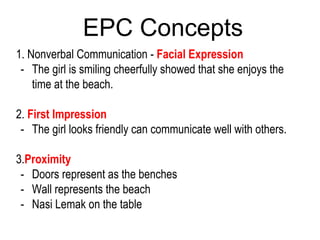 EPC Concepts
1. Nonverbal Communication - Facial Expression
- The girl is smiling cheerfully showed that she enjoys the
time at the beach.
2. First Impression
- The girl looks friendly can communicate well with others.
3.Proximity
- Doors represent as the benches
- Wall represents the beach
- Nasi Lemak on the table
 