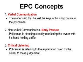 EPC Concepts
1. Verbal Communication
- The owner said that he lost the keys of his shop house to
the policeman.
2. Non-verbal Communication- Body Posture
- Policeman is standing steadily monitoring the owner with
his hand holding a rifle.
3. Critical Listening
- Policeman is listening to the explanation given by the
owner to make judgement.
 