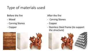Type of materials used
Before the fire
- Wood
- Carving Stones
- Copper
After the fire
- Carving Stones
- Copper
- Stainless Steel frame (to support
the structure)
 