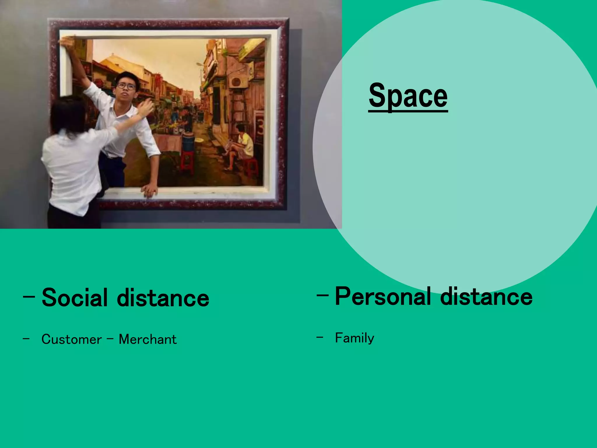 - Social distance
- Customer – Merchant
Space
- Personal distance
- Family
 