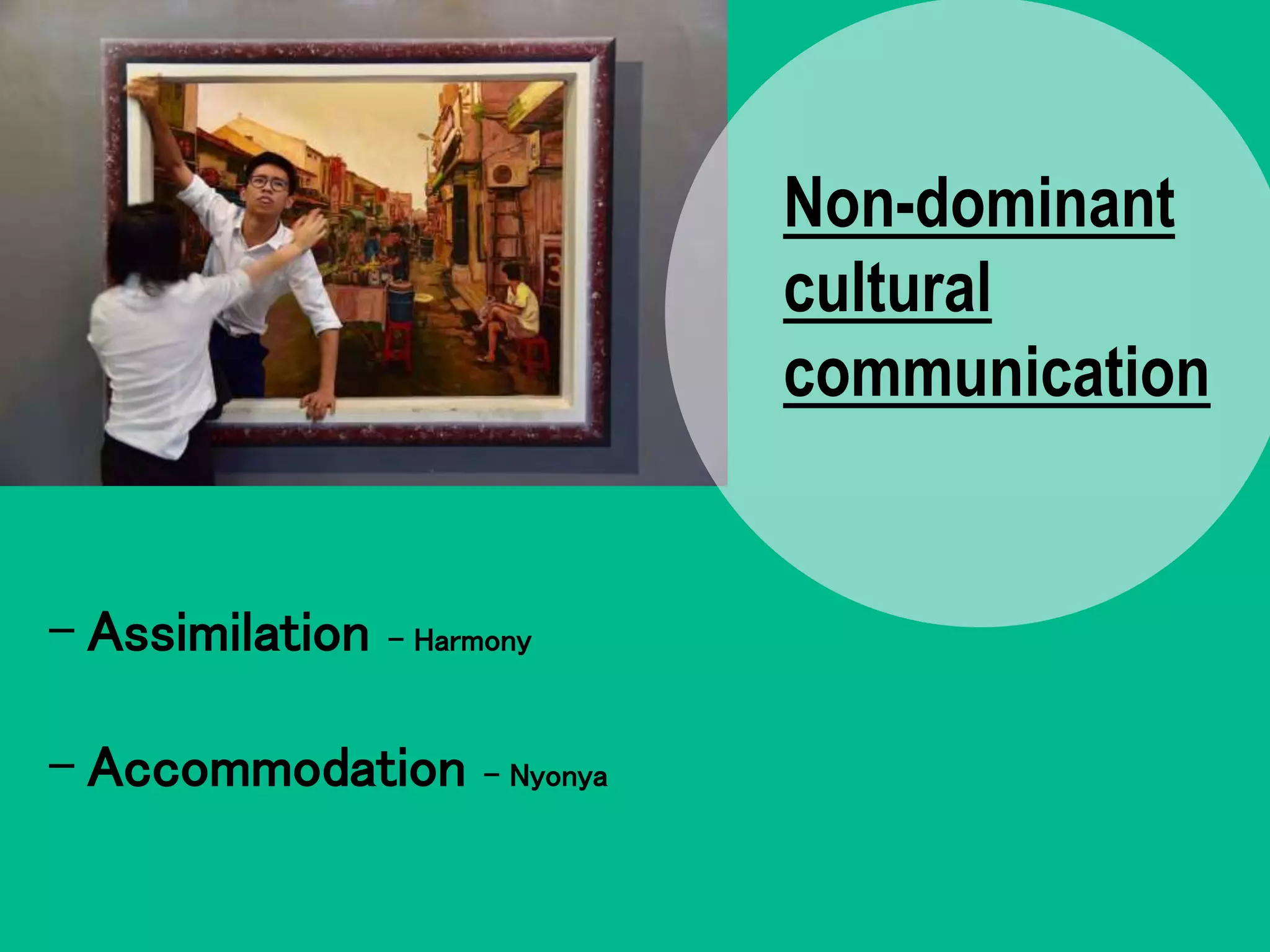 - Assimilation - Harmony
- Accommodation - Nyonya
Non-dominant
cultural
communication
 