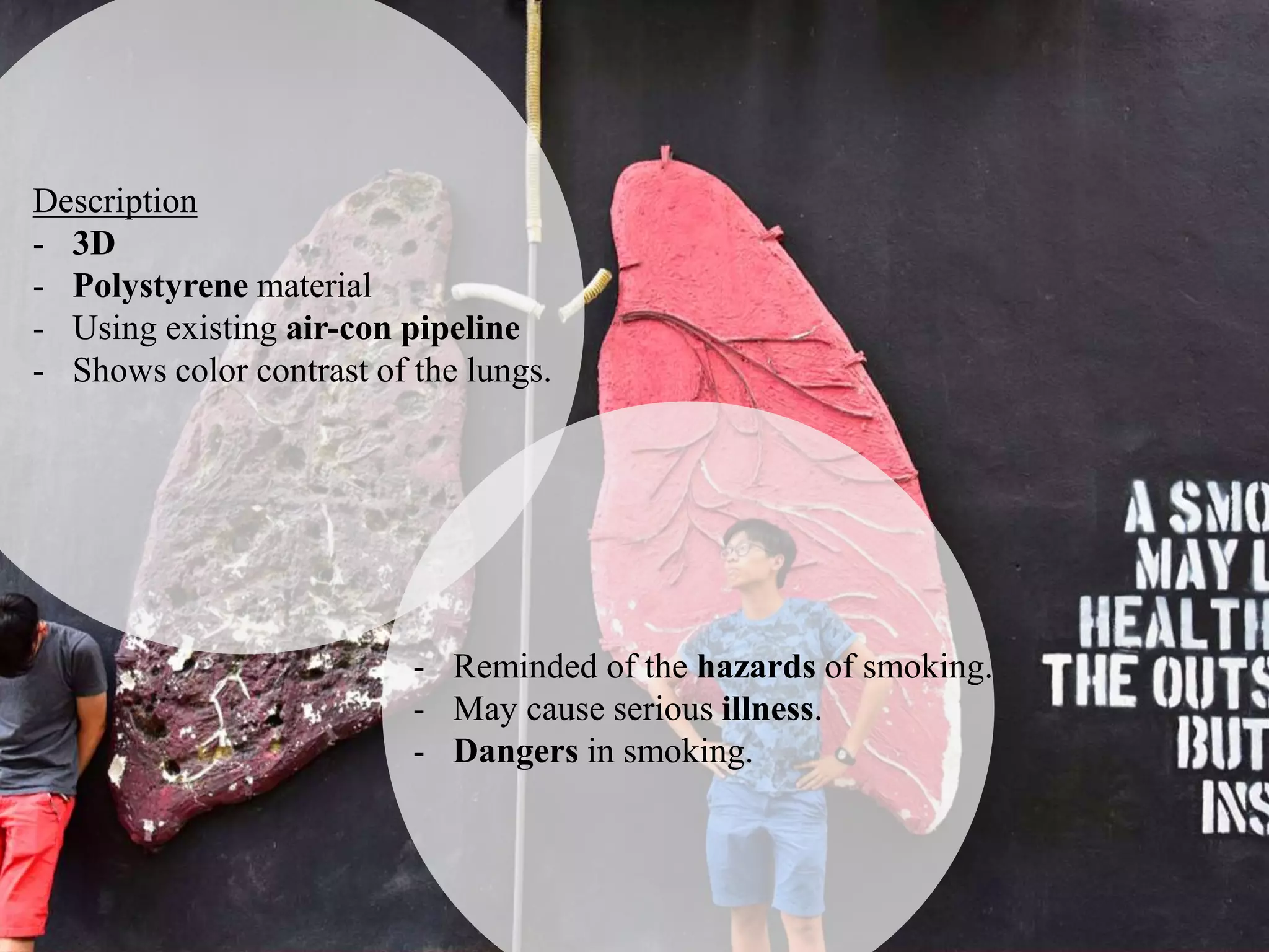 Description
- 3D
- Polystyrene material
- Using existing air-con pipeline
- Shows color contrast of the lungs.
- Reminded of the hazards of smoking.
- May cause serious illness.
- Dangers in smoking.
 