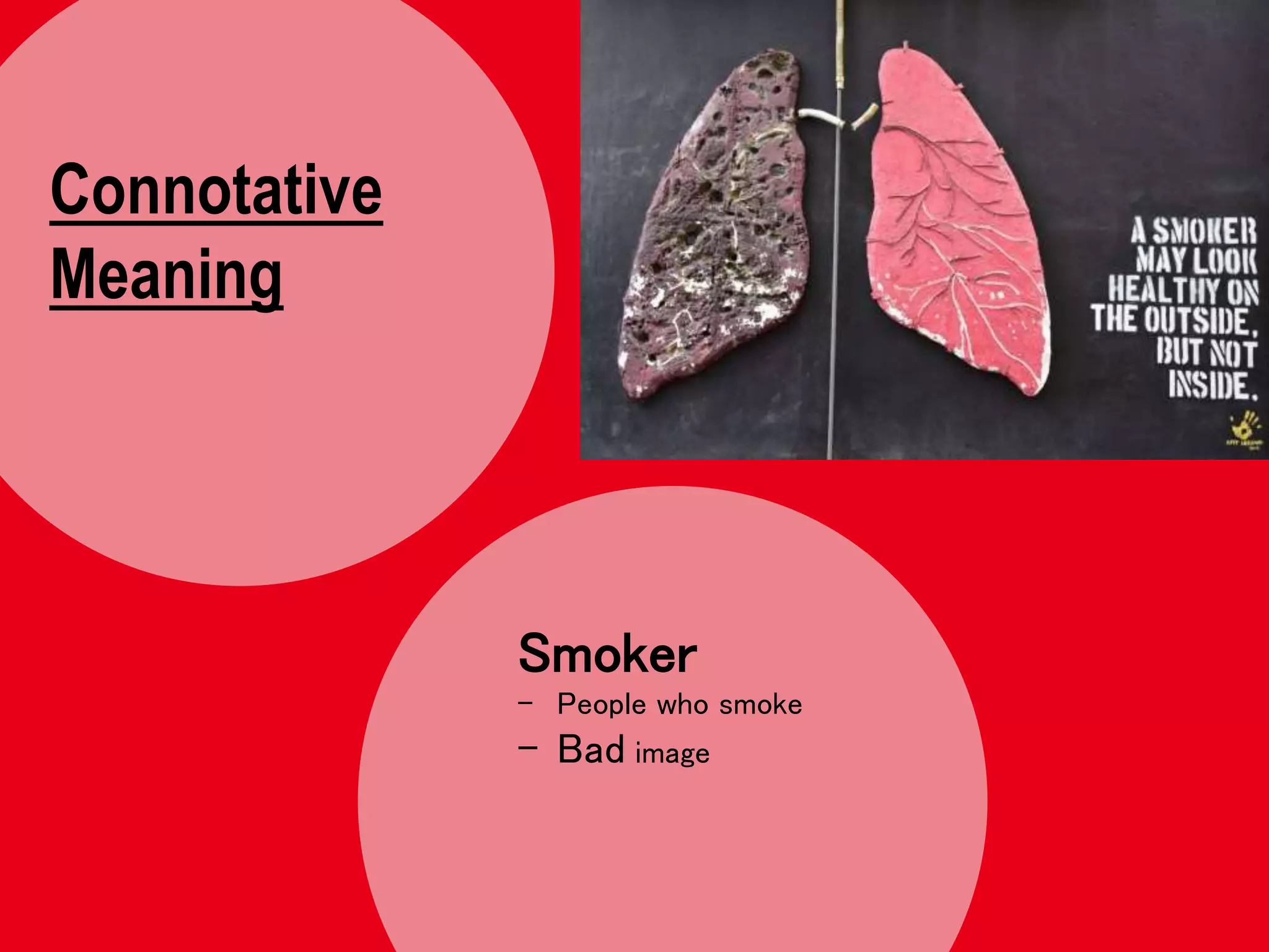 Smoker
- People who smoke
- Bad image
Connotative
Meaning
 