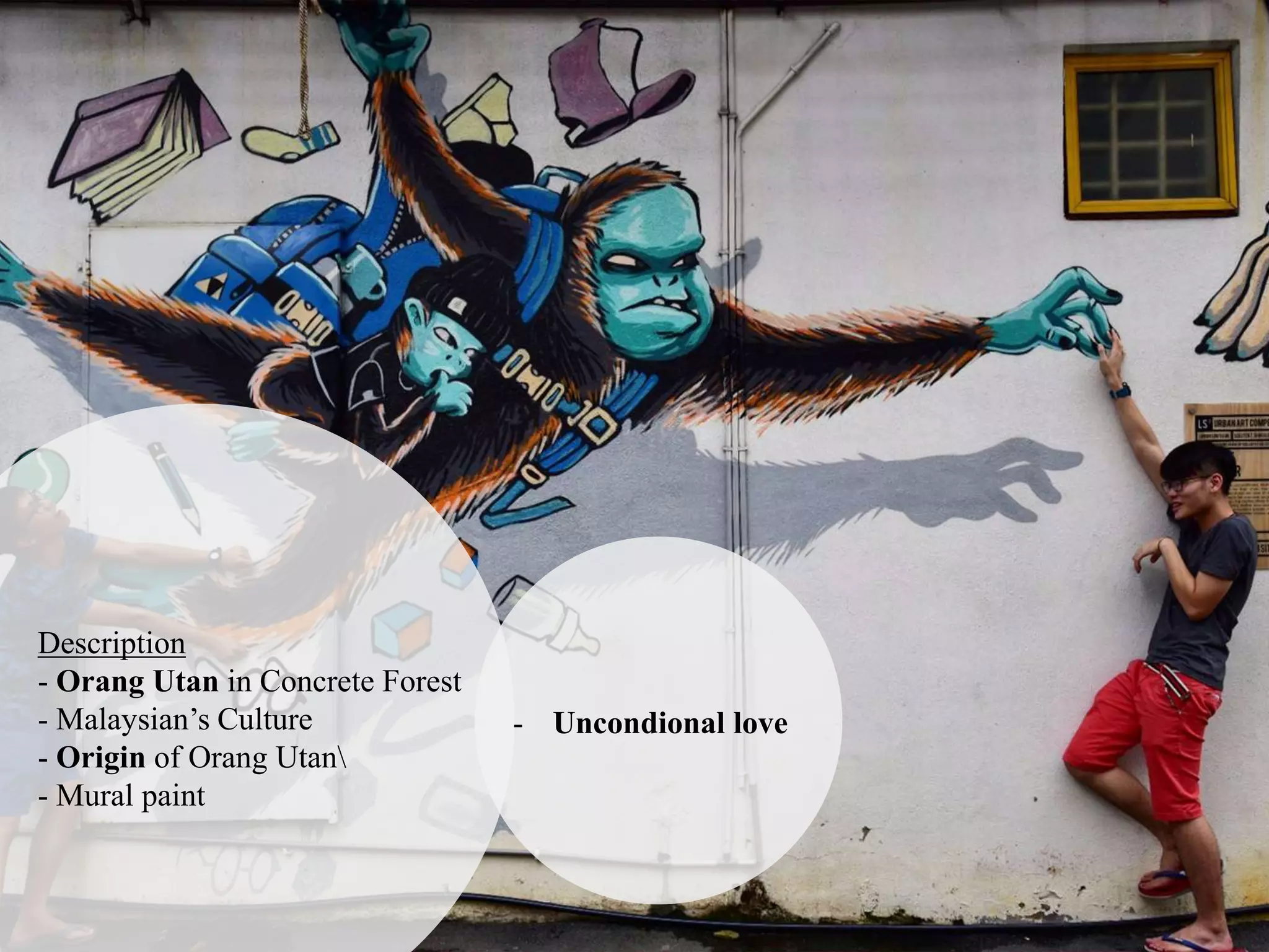 Description
- Orang Utan in Concrete Forest
- Malaysian’s Culture
- Origin of Orang Utan
- Mural paint
- Uncondional love
 