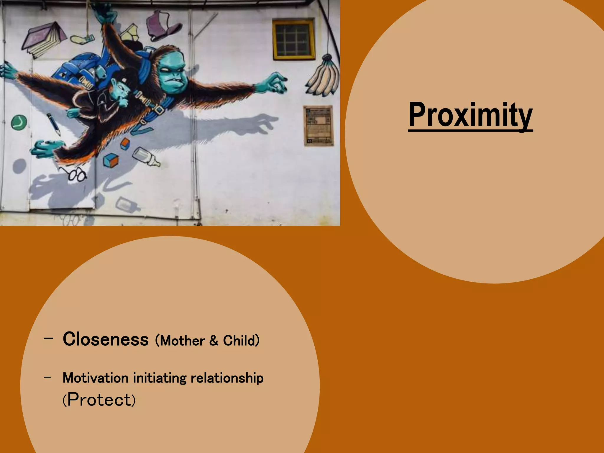 Proximity
- Closeness (Mother & Child)
- Motivation initiating relationship
(Protect)
 