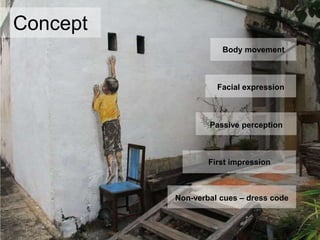 First impression
Concept
Body movement
Facial expression
Passive perception
.
Non-verbal cues – dress code
 