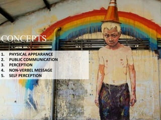 CONCEPTS
1. PHYSICAL APPEARANCE
2. PUBLIC COMMUNICATION
3. PERCEPTION
4. NON-VERBEL MESSAGE
5. SELF PERCEPTION
 