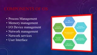 COMPONENTS OF OS
• Process Management
• Memory management
• I/O Device management
• Network management
• Network services
• User Interface
 