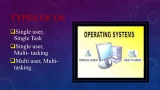 TYPES OF OS
Single user,
Single Task
Single user,
Multi- tasking
Multi user, Multi-
tasking.
 