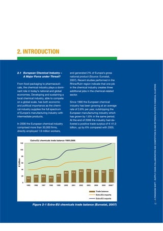 2. INTRODUCTION


2.1 European Chemical Industry –                             and generated 2% of Europe’s gross
    A Major Force under Threat?                              national product (Source: Eurostat,
                                                             2007). Recent studies performed in the
From food packaging to pharmaceuti-                          Rhine/Ruhr region indicate that one job




                                                                                                             > A PARADIGM SHIFT : SUPPLY CHAIN COLLABORATION AND COMPETITION IN AND BETWEEN EUROPE’S CHEMICAL CLUSTERS
cals, the chemical industry plays a domi-                    in the chemical industry creates three
nant role in today’s national and global                     additional jobs in the chemical-related
economies. Developing and sustaining a                       sector.
local chemical industry, able to compete
on a global scale, has both economic                         Since 1990 the European chemical
and political importance as the chemi-                       industry has been growing at an average
cal industry supplies the full spectrum                      rate of 2.8% per year, outstripping the
of Europe’s manufacturing industry with                      European manufacturing industry which
intermediate products.                                       has grown by 1.6% in the same period.
                                                             At the end of 2006 the industry had de-
In 2006 the European chemical industry                       livered a positive trade surplus of 41.0
comprised more than 30,000 ﬁrms,                             billion, up by 6% compared with 2005.
directly employed 1.9 million workers,


                       Extra-EU chemicals trade balance 1995-2006
      120


      100


           80
 billion




           60


           40
                                                                     40.6   41.3   39.0              41.0
                                                      35.8    37.0                        38.1

           20                    24.5          26.5
                          23.8
                19.3                    20.9

            0
                1995      1996   1997   1998   1999   2000    2001   2002   2003   2004   2005      2006**


                                                                                    Trade balance
                                                                                    Extra-EU imports
                                                                                    Extra-EU exports

                                                                                                             13
                         Figure 2-1 Extra-EU chemicals trade balance (Eurostat, 2007)
 