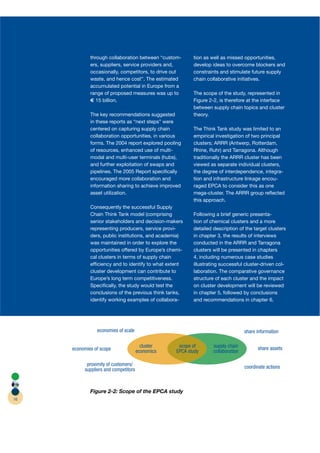 through collaboration between “custom-      tion as well as missed opportunities,
             ers, suppliers, service providers and,      develop ideas to overcome blockers and
             occasionally, competitors, to drive out     constraints and stimulate future supply
             waste, and hence cost”. The estimated       chain collaborative initiatives.
             accumulated potential in Europe from a
             range of proposed measures was up to        The scope of the study, represented in
               15 billion.                               Figure 2-2, is therefore at the interface
                                                         between supply chain topics and cluster
             The key recommendations suggested           theory.
             in these reports as “next steps” were
             centered on capturing supply chain          The Think Tank study was limited to an
             collaboration opportunities, in various     empirical investigation of two principal
             forms. The 2004 report explored pooling     clusters; ARRR (Antwerp, Rotterdam,
             of resources, enhanced use of multi-        Rhine, Ruhr) and Tarragona. Although
             modal and multi-user terminals (hubs),      traditionally the ARRR cluster has been
             and further exploitation of swaps and       viewed as separate individual clusters,
             pipelines. The 2005 Report speciﬁcally      the degree of interdependence, integra-
             encouraged more collaboration and           tion and infrastructure linkage encou-
             information sharing to achieve improved     raged EPCA to consider this as one
             asset utilization.                          mega-cluster. The ARRR group reﬂected
                                                         this approach.
             Consequently the successful Supply
             Chain Think Tank model (comprising          Following a brief generic presenta-
             senior stakeholders and decision-makers     tion of chemical clusters and a more
             representing producers, service provi-      detailed description of the target clusters
             ders, public institutions, and academia)    in chapter 3, the results of interviews
             was maintained in order to explore the      conducted in the ARRR and Tarragona
             opportunities offered by Europe’s chemi-    clusters will be presented in chapters
             cal clusters in terms of supply chain       4, including numerous case studies
             efﬁciency and to identify to what extent    illustrating successful cluster-driven col-
             cluster development can contribute to       laboration. The comparative governance
             Europe’s long term competitiveness.         structure of each cluster and the impact
             Speciﬁcally, the study would test the       on cluster development will be reviewed
             conclusions of the previous think tanks,    in chapter 5, followed by conclusions
             identify working examples of collabora-     and recommendations in chapter 6.




                economies of scale                                                share information

                                        cluster    scope of       supply chain          share assets
     economies of scope               economics   EPCA study      collaboration

           proximity of customers/
                                                                                  coordinate actions
          suppliers and competitors



             Figure 2-2: Scope of the EPCA study
16
 