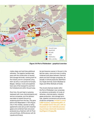 Figure 3-6 Port of Rotterdam - graphical overview



meters deep and had three additional       As land became scarcer in the port in the
reﬁneries. The logistics facilities kept   last few years, more and more co-siting
pace with the construction of several      initiatives took place between chemical
tank storage terminals, working both for   plants and tank storage companies, es-
the industry and for companies using       pecially in biofuel production (BioPetrol
them as entry or exit points for Europe.   at a Vopak terminal, Dutch Biodiesel at
Barges, railways, trucks and pipelines     Argos and When Biofuels at Koole).
took care of the transport to and from
the hinterland and within the port area.   The oil and chemical cluster within
                                           the Port of Rotterdam now comprises
Over time, the port kept on growing        an extensive combination of crude oil
westward with more chemical plants and     reﬁneries, chemical plants, industrial
service companies, and the decision        gases production, tank storage termi-
was taken to extend the port by            nals, pipeline connections and all kinds
reclaiming land from the sea. This gave    of service companies. In total it covers
birth to the Maasvlakte in 1973 (Figure    2,865 hectares, representing 60% of
3-6). In the nineties, several co-siting   the available land in the port, with an
agreements were set up with industrial     emphasis on raw materials process-
gases and combined heat and power          ing and base chemicals manufactur-
producers (e.g. Eastman with Air Prod-     ing (Figure 3-7) (pag 26).
ucts and Eneco, ICI/Huntsman with Air
Liquide and Eneco).
                                                                                       25
 