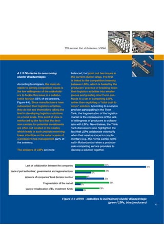 TTR terminal, Port of Rotterdam, VOPAK




      4.1.3 Obstacles to overcoming                       balanced, but point out two issues in
      cluster disadvantages                               the current cluster setup. The ﬁrst
                                                          is linked to the competition intensity
      According to shippers, the main ob-                 between LSPs, which is fueled by the
      stacle to solving congestion issues is              producers’ practice of breaking down
      the low willingness of the stakehold-               their logistics activities into smaller
      ers to tackle this issue in a collabo-              pieces and granting short term con-
      rative fashion (55% of the answers,                 tracts to a set of competing LSPs,
      Figure 4-4). Since manufacturers have               rather than exploiting a “total cost to
      outsourced their logistics activities,              serve” solution. According to a service
      they do not see themselves taking the               provider participating in the Think
      lead in developing logistics solutions              Tank, the fragmentation of the logistics
      on a local scale. This point of view is             market is the consequence of the lack
      reinforced by the fact that the deci-               of willingness of producers to collabo-
      sion centers for potential investments              rate with LSPs. Nevertheless, the Think
      are often not located in the cluster,               Tank discussions also highlighted the
      which leads to such projects receiving              fact that LSPs collaborate voluntarily
      lower attention on the radar screen of              when their service scope is comple-
      a producer’s top management (22% of                 mentary (e.g., the Pernis Combi Termi-
      the answers).                                       nal in Rotterdam) or when a producer
                                                          asks competing service providers to
      The answers of LSPs are more                        develop a solution together.




              Lack of collaboration between the companies                                  23%
                                                                                                              55%

Lack of port authorities', governmental and regional actions                               23%
                                                                               12%

             Absence of companies' local decision centres                 9%
                                                                                           22%

                               Fragmentation of the market                                       26%
                                                                   5%

              Lack or misallocation of EU investment funds                           19%
                                                                     6%



                                                 Figure 4-4 ARRR - obstacles to overcoming cluster disadvantage
                                                                                   (green/LSPs, blue/producers)
                                                                                                                    43
 