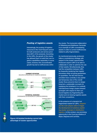 Pooling of logistics assets                 the cluster. The horizontal collaboration
                                                                         of Oiltanking and Stolthaven Terminals
                             Interestingly, the pooling of logistics     is an example of LSPs consolidating
                             resources is the most frequent answer       assets in order to correct inefﬁciencies
                             for both producers and service provi-       related to jetty fragmentation.
                             ders (35% of the answers). According
                             to the LSPs, the growth of the cluster      As mentioned previously, producers
                             has allowed them to build their own lo-     follow a contradictory strategy with
                             gistics capabilities separately. In some    respect to the cluster opportunities.
                             cases, however, this uncoordinated          Producers expect LSPs to be able to
                             growth has led to inefﬁciencies within      collaborate in order to optimize the use
                                                                         of their assets. Simultaneously, they
                                                                         fuel the competition between LSPs
                                                                         by frequently tendering their logistic
                            CURRENT SITUATION                            processes while not giving guarantees
                ISOLATED OUTSOURCING OF LOGISTICS SERVICES
                                                                         on quantities. The fact that service
                                                   hinterland region X   providers have currently a very partial
              cluster
                                                                         and temporary view of the overall
            shipper 1             LSP 1                 customer 1       cluster ﬂows prevents them to design
              shipper 2                                                  long-term, sustainable concepts for
                                  LSP 2                                  supplying the hinterland. In a nutshell,
                                                          customer 2
                shipper 3         LSP 1
                                                                         manufacturers forego cluster-inherent
                                                                         synergies with respect to their out-
                                                                         bound logistics by fragmenting the
                            POTENTIAL SCENARIO                           market and not sharing logistics assets
              COORDINATED OUTSOURCING OF LOGISTICS SERVICES
                                                                         with their competitors.
                                                   hinterland region X
              cluster
                                                                         In the presence of a dynamic but
            shipper 1                                   customer 1
                                                                         fragmented market for LSPs, shippers
              shipper 2            LSP 1&2                               are the main players able to trigger
                                                          customer 2     the development of solutions exploit-
                shipper 3
                                                                         ing cluster synergies in distribution
                                                                         logistics. In this context, one promising
                                                                         opportunity is the ComLog initiative of
                                                                         Bayer, Degussa and Lanxess.
     Figure 4-6 Isolated tendering cannot take
46   advantage of cluster opportunities
 