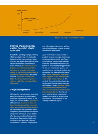 number of SKUs

         1000


                   scope of proﬁtable
                        swaps


          100

          10
                                                                                            product type
                 feedstock          commodities         intermediates        specialities



                                                                Figure 4-7 Scope of proﬁtable swaps




Sharing of planning infor-                    and polypropylene producers are less
mation to exploit cluster                     willing to collaborate in swap arrange-
synergies                                     ments within a local area.

Despite the ComLog example, sharing           Apart from the increasing number of
of transport planning information be-         product variants making a direct swap
tween chemical manufacturers is very          cumbersome to organize (see Figure
critically perceived, especially because      4- 7), polymer commodities manufac-
of concerns related to competition            turers are reluctant to allow their cus-
rules. Moreover, the joint design of a        tomers to receive competing products.
logistics network could lead to the           To cite one interviewee: “you do not
exchange of strategic information             want to remind your customer that your
related to the long-term sales plans of       competitor can also deliver the same
competing manufacturers. For these            item”. Swap agreements thus seem
reasons, producers consider that              to be triggered by the willingness to
LSPs should share planning data in            avoid empty transport legs. In this
order to exploit the synergies of joint       context, the most signiﬁcant savings
shipments.                                    are achieved through swaps between
                                              two different clusters. Isolated chemi-
                                              cal clusters separated from each
Swap arrangements                             other seem more interested in swaps
                                              than integrated ones. Therefore, it
Although the manufacturers have cited         is not surprising that the potential
swap arrangements as examples of              of swap arrangements is cited more
horizontal collaboration in 13% of the        frequently in Tarragona than in the
cases, we observe that the occurrence         Antwerp/Rotterdam region.
of this answer depends on the posi-
tion of the company in the chemical
chain and on its competitive strategy.
All interviewees are concerned about
compliance with competition rules and
companies referring to swaps do this
after due examination of competition
law effects. Swaps seem to be more
common practice for raw materials
and feedstock, whereas polyethylene                                                                        51
 