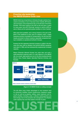 Proactive site leadership:
 the INEOS Ethylene Oxide case
 INEOS Oxide has a long history in Antwerp through a series of suc-
 cessive ownerships. In turn it has been Union Carbide, BP Chemi-
 cals and Inspec at the Zwijndrecht site on the left bank of the River
 Schelde. Third party hosting at the 200 ha site has been in place
 for many years, since BP Chemicals’ decision to sell its LDPE as-
 sets to Neste and its hydroethoxylates facilities to Union Carbide.

 With spare land available, and a strong interest on the part of IN-
 EOS to ﬁnd additional on-site users for ethylene oxide, a highly
 hazardous product unsuitable for transportation, the site has been
 heavily promoted to attract investors; especially companies look-
 ing to establish an operational foothold in Europe.

 Kuraray, the ﬁrst Japanese chemical company to settle in the Ant-
 werp port area, built an ethylene vinyl alcohol (EVOH) copolymer
 resin plant in 1999, and has subsequently progressively increased
 capacity.

 Nippon Shokubai followed Kuraray two years later and built a
 super-absorbent polymers plant on a plot adjacent to the INEOS
 site. As a result eight parties are now on the site including General
 Electric, Dow, Praxair, Seppic, Specialty Polymers Antwerp, and
 Borealis.

INEOS site

                                                                    Dow
                                                       Kuraray                       Seppic
                               ethylene oxide




             INEOS                                                Borealis
                                                                                  Spec. Polymers
                                                       Nippon                         Antw.
                                                      Shokubai   GE plastics



                                        oxygen, nitrogen                  power

                     Praxair                                     INEOS / Essent Energy


Utilities, wastewater treatment, maintenance, process control


                               Figure 4-10 INEOS Oxide co-siting concept

 The site offers many cluster advantages to new investors: land
 for production facilities; shared infrastructure; feedstock supply
 on site as well as by pipeline; utilities; waste treatment; and lo-
 gistics facilities, including a jetty, a railhead, loading gantries and
 tank storage. Due to this proactive site management, the ethylene
 oxide capacity has more than tripled in the last 15 years.
                                                                                                   57




CLUSTER
 