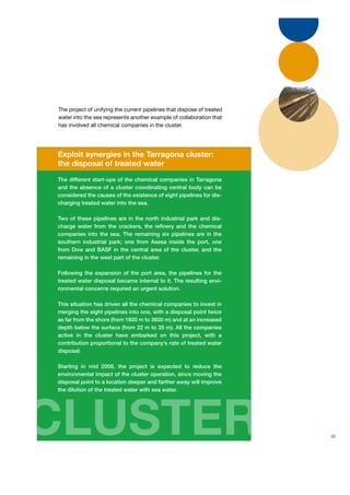 The project of unifying the current pipelines that dispose of treated
water into the sea represents another example of collaboration that
has involved all chemical companies in the cluster.




Exploit synergies in the Tarragona cluster:
the disposal of treated water
The different start-ups of the chemical companies in Tarragona
and the absence of a cluster coordinating central body can be
considered the causes of the existence of eight pipelines for dis-
charging treated water into the sea.

Two of these pipelines are in the north industrial park and dis-
charge water from the crackers, the reﬁnery and the chemical
companies into the sea. The remaining six pipelines are in the
southern industrial park; one from Asesa inside the port, one
from Dow and BASF in the central area of the cluster, and the
remaining in the west part of the cluster.

Following the expansion of the port area, the pipelines for the
treated water disposal became internal to it. The resulting envi-
ronmental concerns required an urgent solution.

This situation has driven all the chemical companies to invest in
merging the eight pipelines into one, with a disposal point twice
as far from the shore (from 1800 m to 3600 m) and at an increased
depth below the surface (from 22 m to 35 m). All the companies
active in the cluster have embarked on this project, with a
contribution proportional to the company’s rate of treated water
disposal.

Starting in mid 2008, the project is expected to reduce the
environmental impact of the cluster operation, since moving the
disposal point to a location deeper and farther away will improve
the dilution of the treated water with sea water.




CLUSTER                                                                 65
 