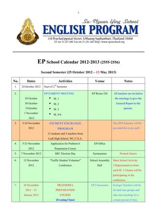 1




                  EP School Calendar 2012-2013 (2555-2556)
                      Second Semester (25 October 2012 – 13 May 2013)
No.       Dates                     Activities                   Venue                   Notes
1.    24 October 2012 Start of 2nd Semester
2.                      EP PARENT MEETING                     EP Room 236       All teachers are invited to
        29 October         • M. 1                                                the meetings to give the
        30 October         • M. 2                                                 General Report to the
        31October          • M. 3                                                        parents.
       1 November          • M. 4-6
           2012
3.    3-24 November         STUDENT EXCHANGE                                   The SEP Itinerary will be
           2012                 PROGRAM                                        provided for every staff.
                           12 students and 3 teachers from
                           Lodi High School, WI, U.S.A.
4.     5-23 November         Application for Prathom 6          EP Office
            2012                 Preparation Course
5.    7 November 2012            SRC Election Day              Gymnasium             Normal classes
6.     12 November          “Traffic Student Volunteer”      School Assembly Main School Activity:
           2012                     Conference                     Hall      5 Representatives from
                                                                             each M. 1 Classes will be
                                                                             participating in the
                                                                             conference.
7.     26 November                 PRATHOM 6                  EP Classrooms Foreign Teachers will be
         2011 – 31                PREPARATION                                divided into groups and
       January 2013                  COURSE                                  take turn teaching for a
                                  (Evening Class)                            certain period of time.
 