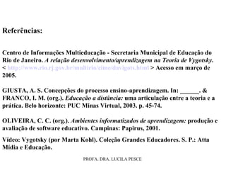 Referências: Centro de Informações Multieducação - Secretaria Municipal de Educação do Rio de Janeiro.  A relação desenvolvimento/aprendizagem na Teoria de Vygotsky .   <  http://www.rio.rj.gov.br/multirio/cime/davigots.html  > Acesso em março de 2005.   GIUSTA, A. S. Concepções do processo ensino-aprendizagem. In: ______. & FRANCO, I. M. (org.).  Educação a distância:  uma articulação entre a teoria e a prática. Belo horizonte: PUC Minas Virtual, 2003. p. 45-74. OLIVEIRA, C. C. (org.).  Ambientes informatizados de aprendizagem:  produção e avaliação de software educativo. Campinas: Papirus, 2001.  Vídeo: Vygotsky (por Marta Kohl). Coleção Grandes Educadores. S. P.: Atta Mídia e Educação. 