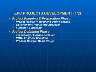 EPC PROJECTS DEVELOPMENT (1/2)  Project Planning & Preparation Phase Project feasibility study and Define Scopes Government / Regulatory Approval Funding / Budgeting Project Definition Phase   Technology / License Selection PMC / Engineer Selection  Process Design / Basic Design  