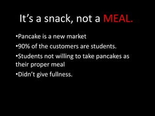 It’s a snack, not a MEAL.
•Pancake is a new market
•90% of the customers are students.
•Students not willing to take pancakes as
their proper meal
•Didn’t give fullness.

 