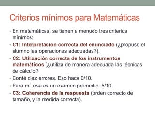 Criterios mínimos para Matemáticas En matemáticas, se tienen a menudo tres criterios mínimos:C1: Interpretación correcta del enunciado (¿propuso el alumno las operaciones adecuadas?).C2: Utilización correcta de los instrumentos matemáticos (¿utiliza de manera adecuada las técnicas de cálculo?Conté diez errores. Eso hace 0/10.Para mí, esa es un examen promedio: 5/10.C3: Coherencia de la respuesta (orden correcto de tamaño, y la medida correcta).