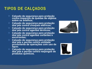 TIPOS DE CALÇADOS Calçado de segurança para proteção contra impactos de quedas de objetos sobre os artelhos; Calçado de segurança para proteção dos pés contra choques elétricos; Calçado de segurança para proteção dos pés contra agentes térmicos; Calçado de segurança para proteção dos pés contra agentes cortantes e escoriantes; Calçado de segurança para proteção dos pés e pernas contra umidade proveniente de operações com uso de água; Calçado de segurança para proteção dos pés e pernas contra respingos de produtos químicos.   
