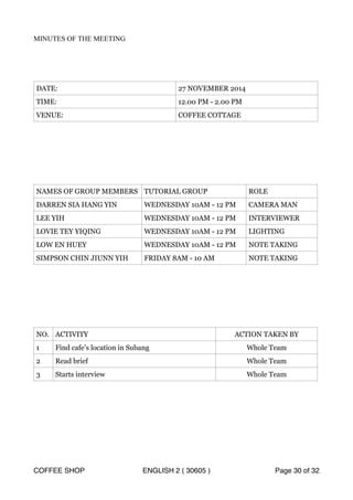 MINUTES OF THE MEETING 
DATE: 27 NOVEMBER 2014 
TIME: 12.00 PM - 2.00 PM 
VENUE: COFFEE COTTAGE 
NAMES OF GROUP MEMBERS TUTORIAL GROUP ROLE 
DARREN SIA HANG YIN WEDNESDAY 10AM - 12 PM CAMERA MAN 
LEE YIH WEDNESDAY 10AM - 12 PM INTERVIEWER 
LOVIE TEY YIQING WEDNESDAY 10AM - 12 PM LIGHTING 
LOW EN HUEY WEDNESDAY 10AM - 12 PM NOTE TAKING 
SIMPSON CHIN JIUNN YIH FRIDAY 8AM - 10 AM NOTE TAKING 
NO. ACTIVITY ACTION TAKEN BY 
1 Find cafe’s location in Subang Whole Team 
2 Read brief Whole Team 
3 Starts interview Whole Team 
COFFEE SHOP ENGLISH 2 ( 30605 ) Page 30 of 32 
 