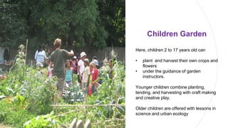 Children Garden
Here, children 2 to 17 years old can
• plant and harvest their own crops and
flowers
• under the guidance of garden
instructors.
Younger children combine planting,
tending, and harvesting with craft making
and creative play.
Older children are offered with lessons in
science and urban ecology
 