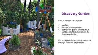 Discovery Garden
Kids of all ages can explore
• habitats
• uncover plant mysteries
• learn about garden wildlife at fun
• hands-on exhibits throughout the
Discovery Garden.
Encourages children to explore nature
through hands-on experiences
 