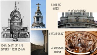 Height: 365ft. (111 m)
Diameter: 112 ft. (34 m) 4. Whispering
gallery
3. Stone gallery
2. Golden gallery
1. Ball and
lantern
1
2
3
4
 