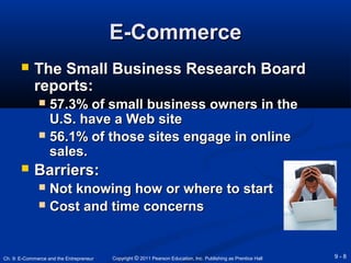 EE--CCoommmmeerrccee 
 TThhee SSmmaallll BBuussiinneessss RReesseeaarrcchh BBooaarrdd 
rreeppoorrttss:: 
 5577..33%% ooff ssmmaallll bbuussiinneessss oowwnneerrss iinn tthhee 
UU..SS.. hhaavvee aa WWeebb ssiittee 
 5566..11%% ooff tthhoossee ssiitteess eennggaaggee iinn oonnlliinnee 
ssaalleess.. 
 BBaarrrriieerrss:: 
 NNoott kknnoowwiinngg hhooww oorr wwhheerree ttoo ssttaarrtt 
 CCoosstt aanndd ttiimmee ccoonncceerrnnss 
Copyright © 2011 Pearson Education, Inc. Publishing Ch. 9: E-Commerce and the Entrepreneur as Prentice Hall 9 - 8 
 