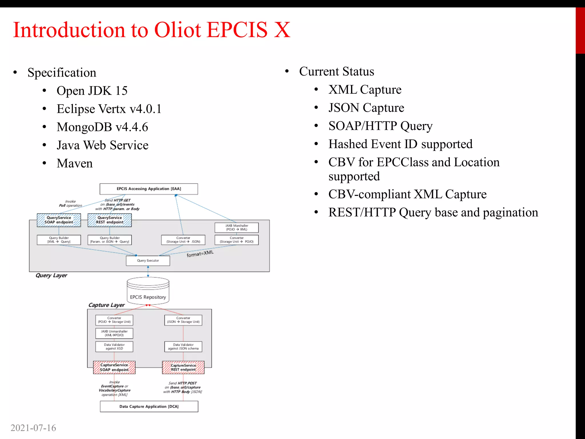 Introduction to Oliot EPCIS X
• Specification
• Open JDK 15
• Eclipse Vertx v4.0.1
• MongoDB v4.4.6
• Java Web Service
• Maven
2021-07-16
• Current Status
• XML Capture
• JSON Capture
• SOAP/HTTP Query
• Hashed Event ID supported
• CBV for EPCClass and Location
supported
• CBV-compliant XML Capture
• REST/HTTP Query base and pagination
 