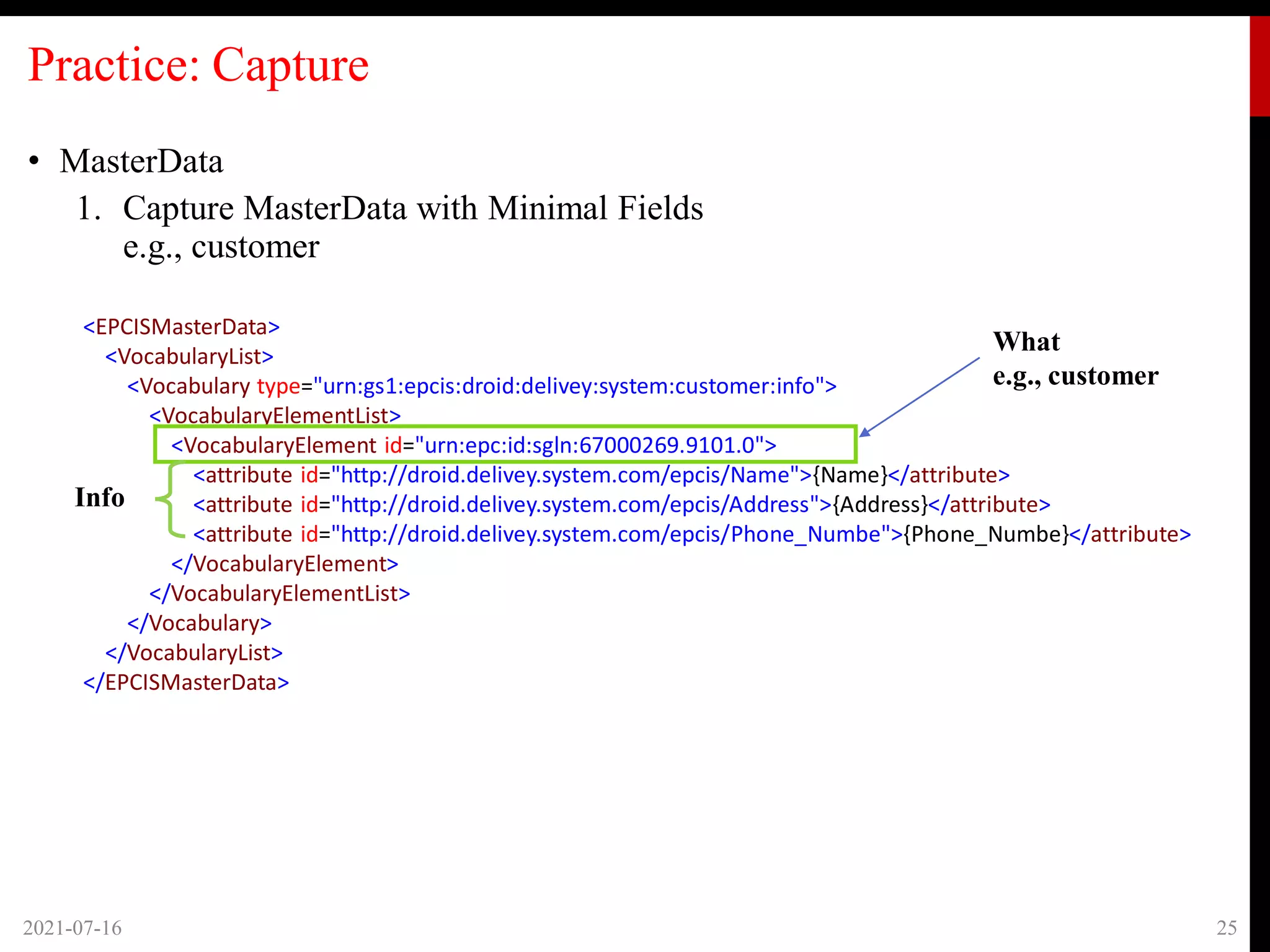 Practice: Capture
• MasterData
1. Capture MasterData with Minimal Fields
e.g., customer
2021-07-16 25
<EPCISMasterData>
<VocabularyList>
<Vocabulary type="urn:gs1:epcis:droid:delivey:system:customer:info">
<VocabularyElementList>
<VocabularyElement id="urn:epc:id:sgln:67000269.9101.0">
<attribute id="http://droid.delivey.system.com/epcis/Name">{Name}</attribute>
<attribute id="http://droid.delivey.system.com/epcis/Address">{Address}</attribute>
<attribute id="http://droid.delivey.system.com/epcis/Phone_Numbe">{Phone_Numbe}</attribute>
</VocabularyElement>
</VocabularyElementList>
</Vocabulary>
</VocabularyList>
</EPCISMasterData>
What
e.g., customer
Info
 