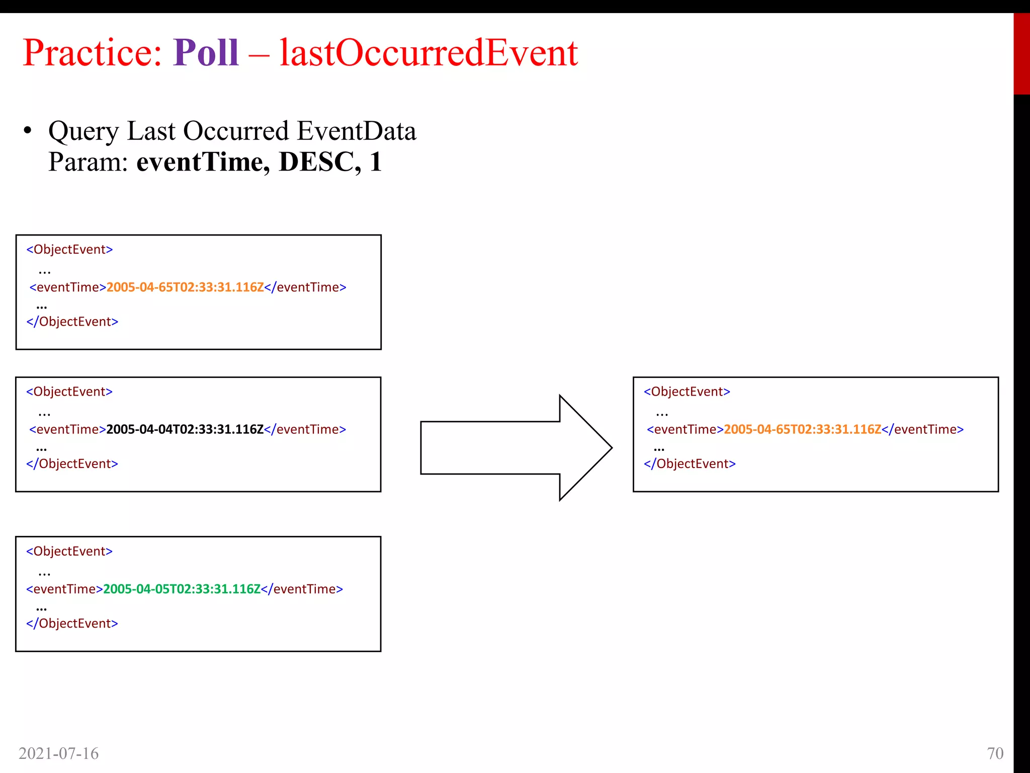Practice: Poll – lastOccurredEvent
2021-07-16 70
<ObjectEvent>
...
<eventTime>2005-04-65T02:33:31.116Z</eventTime>
...
</ObjectEvent>
<ObjectEvent>
...
<eventTime>2005-04-04T02:33:31.116Z</eventTime>
...
</ObjectEvent>
<ObjectEvent>
...
<eventTime>2005-04-05T02:33:31.116Z</eventTime>
...
</ObjectEvent>
<ObjectEvent>
...
<eventTime>2005-04-65T02:33:31.116Z</eventTime>
...
</ObjectEvent>
• Query Last Occurred EventData
Param: eventTime, DESC, 1
 