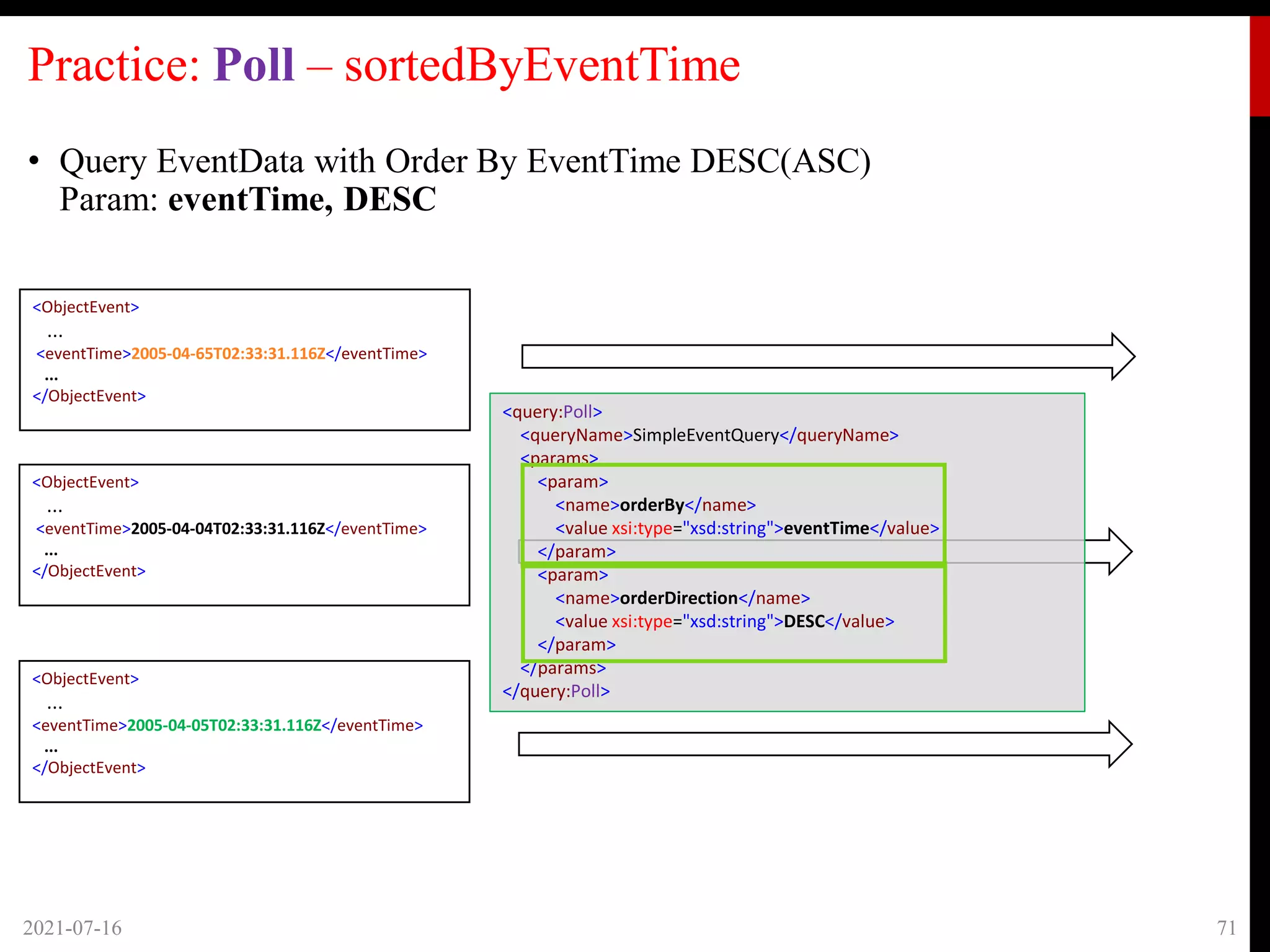 Practice: Poll – sortedByEventTime
2021-07-16 71
<ObjectEvent>
...
<eventTime>2005-04-65T02:33:31.116Z</eventTime>
...
</ObjectEvent>
<ObjectEvent>
...
<eventTime>2005-04-04T02:33:31.116Z</eventTime>
...
</ObjectEvent>
<ObjectEvent>
...
<eventTime>2005-04-05T02:33:31.116Z</eventTime>
...
</ObjectEvent>
<query:Poll>
<queryName>SimpleEventQuery</queryName>
<params>
<param>
<name>orderBy</name>
<value xsi:type="xsd:string">eventTime</value>
</param>
<param>
<name>orderDirection</name>
<value xsi:type="xsd:string">DESC</value>
</param>
</params>
</query:Poll>
• Query EventData with Order By EventTime DESC(ASC)
Param: eventTime, DESC
 