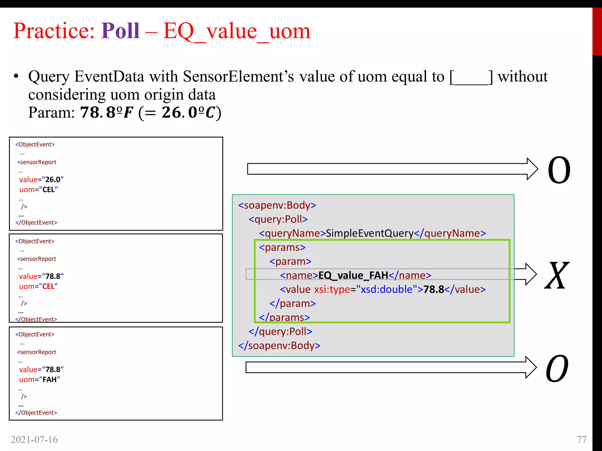 𝑋
Practice: Poll – EQ_value_uom
• Query EventData with SensorElement’s value of uom equal to [____] without
considering uom origin data
Param: 𝟕𝟖. 𝟖º𝑭 (= 𝟐𝟔. 𝟎º𝑪)
2021-07-16 77
<ObjectEvent>
...
<sensorReport
…
value="26.0“
uom="CEL"
…
/>
...
</ObjectEvent>
O
<ObjectEvent>
...
<sensorReport
…
value=“78.8“
uom=“FAH"
…
/>
...
</ObjectEvent>
<soapenv:Body>
<query:Poll>
<queryName>SimpleEventQuery</queryName>
<params>
<param>
<name>EQ_value_FAH</name>
<value xsi:type="xsd:double">78.8</value>
</param>
</params>
</query:Poll>
</soapenv:Body>
𝑂
<ObjectEvent>
...
<sensorReport
…
value=“78.8“
uom="CEL"
…
/>
...
</ObjectEvent>
 