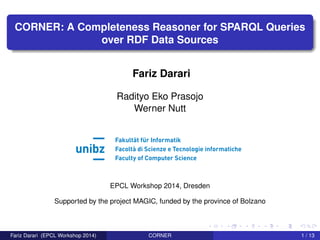 CORNER: A Completeness Reasoner for SPARQL Queries
over RDF Data Sources
Fariz Darari
Radityo Eko Prasojo
Werner Nutt
EPCL Workshop 2014, Dresden
Supported by the project MAGIC, funded by the province of Bolzano
Fariz Darari (EPCL Workshop 2014) CORNER 1 / 13
 