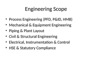 Engineering Scope
• Process Engineering (PFD, P&ID, HMB)
• Mechanical & Equipment Engineering
• Piping & Plant Layout
• Civil & Structural Engineering
• Electrical, Instrumentation & Control
• HSE & Statutory Compliance
 