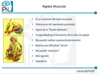 Rigidez Muscular
• Es el aumento del tono muscular.
• Diferenciar de hipertonía piramidal.
• Signo de la “Rueda dentada”.
• Incapacidad para levantarse de la silla sin apoyo
• No puede realizar supinación/pronación
• Realiza con dificultad “pinza”
• No puede “taconear”
• Micrografía
• Hipofonía
 