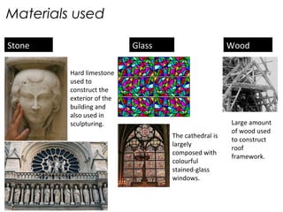 Materials used
Stone Glass
Hard limestone
used to
construct the
exterior of the
building and
also used in
sculpturing.
The cathedral is
largely
composed with
colourful
stained-glass
windows.
Wood
Large amount
of wood used
to construct
roof
framework.
 