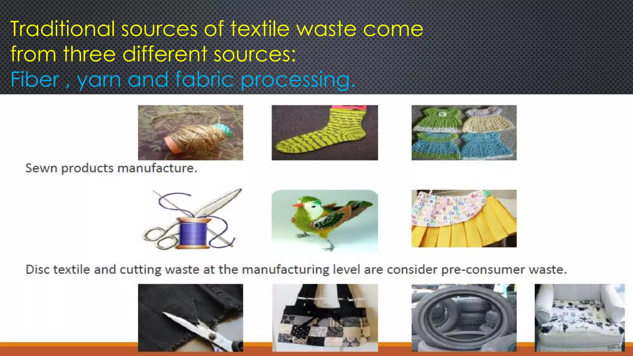 Traditional sources of textile waste come
from three different sources:
Fiber , yarn and fabric processing.
 