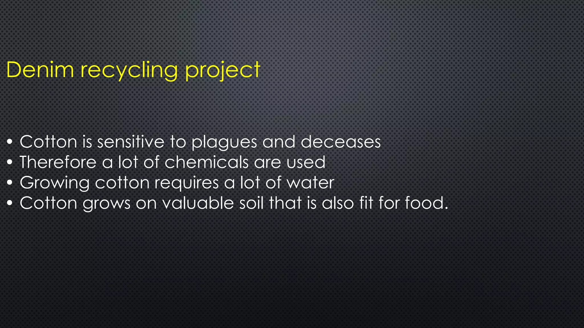 Denim recycling project
• Cotton is sensitive to plagues and deceases
• Therefore a lot of chemicals are used
• Growing cotton requires a lot of water
• Cotton grows on valuable soil that is also fit for food.
 