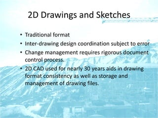 2D Drawings and Sketches
• Traditional format
• Inter-drawing design coordination subject to error
• Change management requires rigorous document
control process.
• 2D CAD used for nearly 30 years aids in drawing
format consistency as well as storage and
management of drawing files.
 